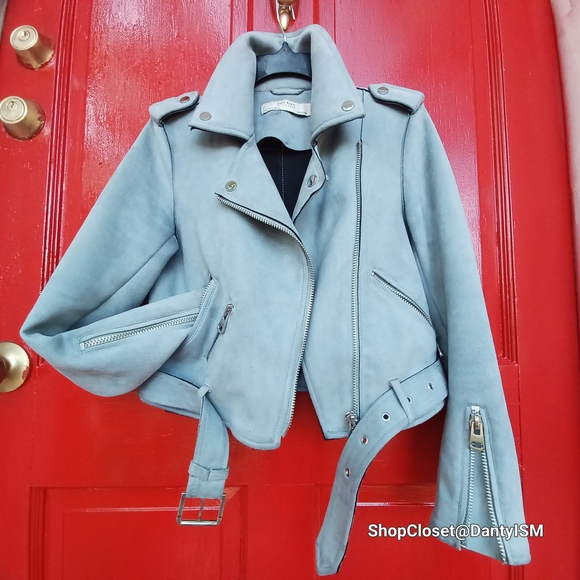 Zara Jackets & Blazers - Zara Sky Blue Leather Jacket